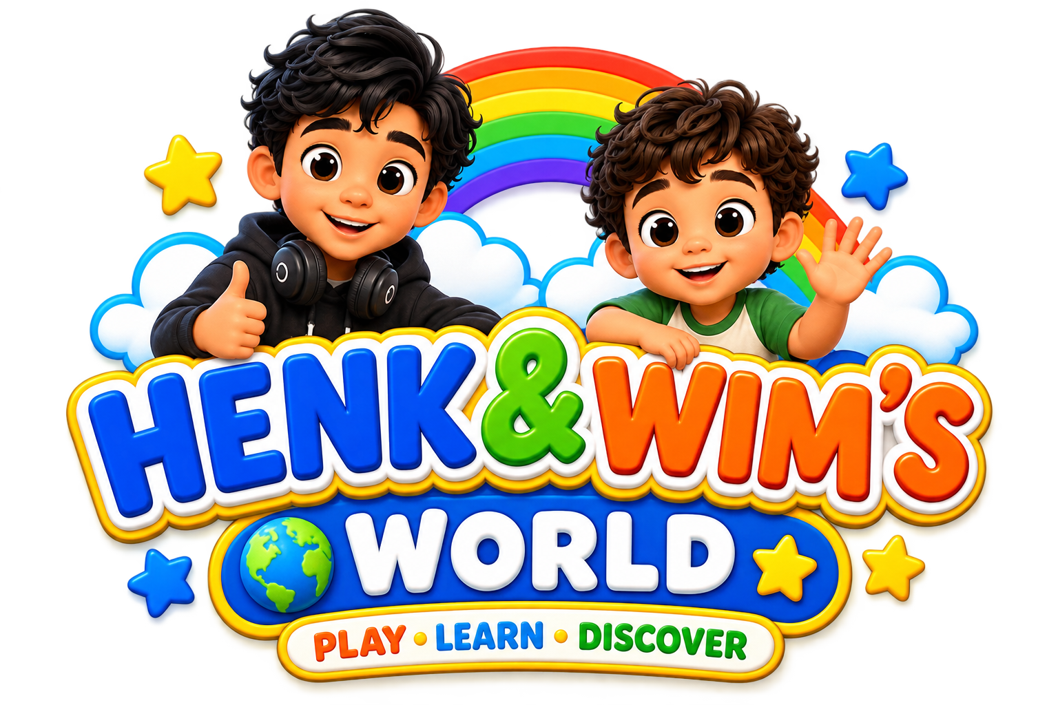 Henk & Wim's World logo featuring brothers Henk and Wim with a colorful rainbow, stars and the words “Play • Learn • Discover.”